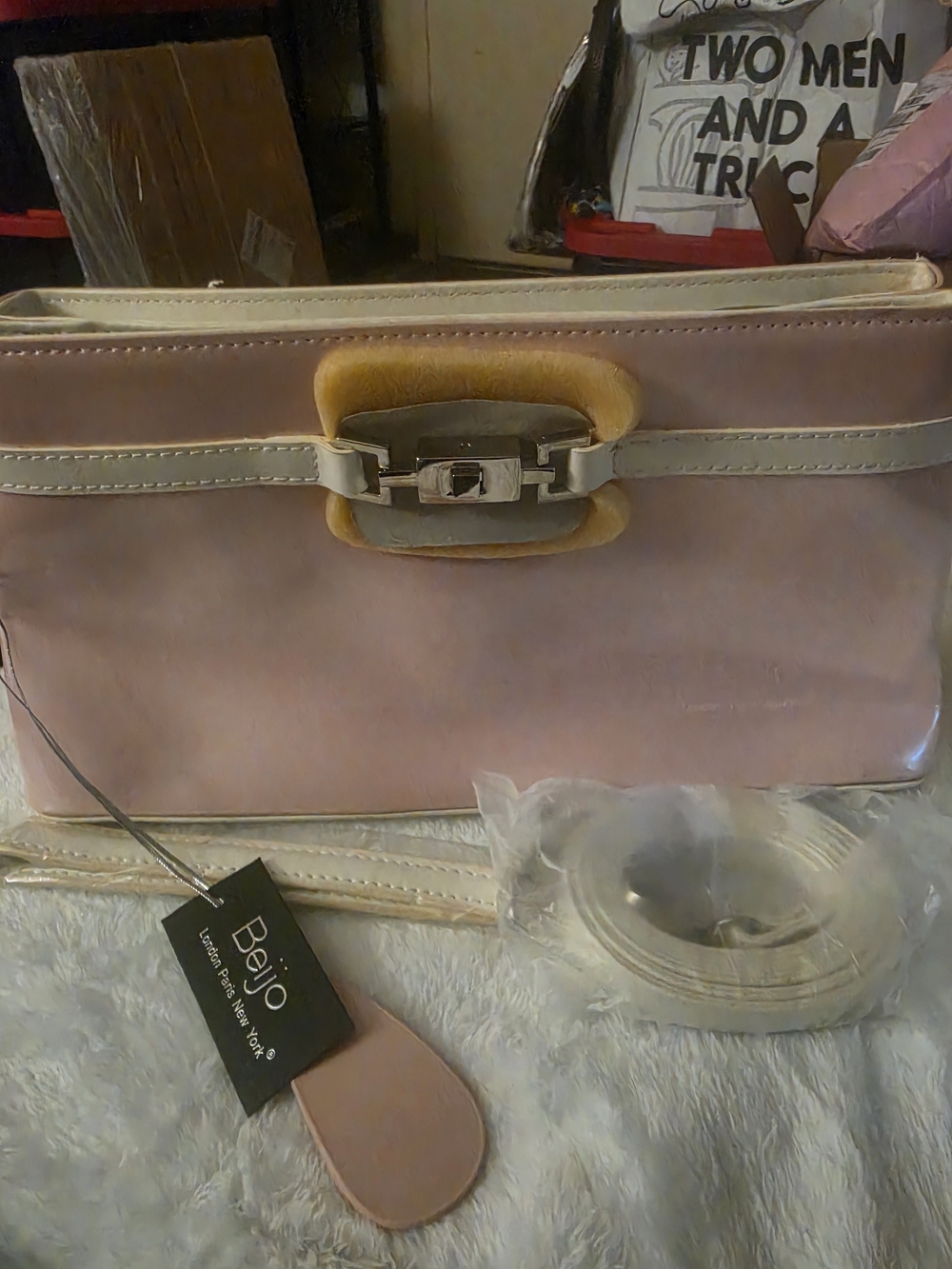 Beijo Pink and Cream Leather Clutch with Gold-Tone Turn-Lock